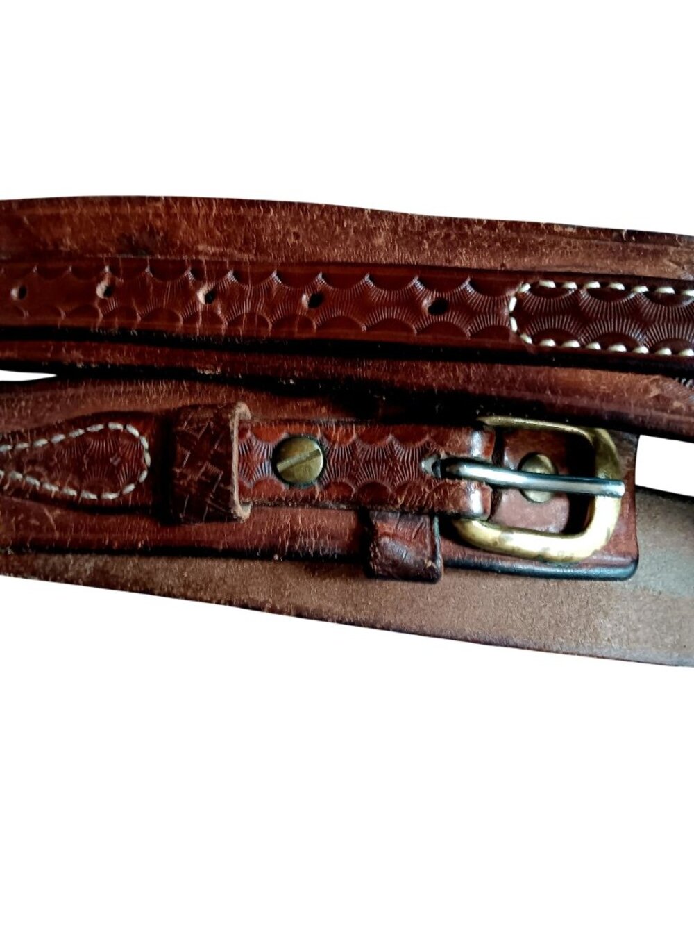 True Vintage 40 Ranger Scout Cowboy Belt Tooled Leather Brass Buckle 1970's USA